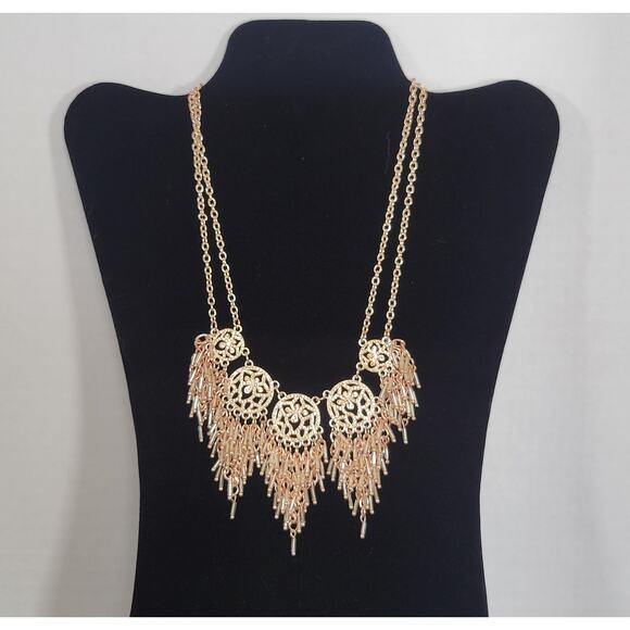 Rose Gold Tone Statement Necklace Filigree Beaded Fringe 16" +3" Extender - Picture 8 of 15
